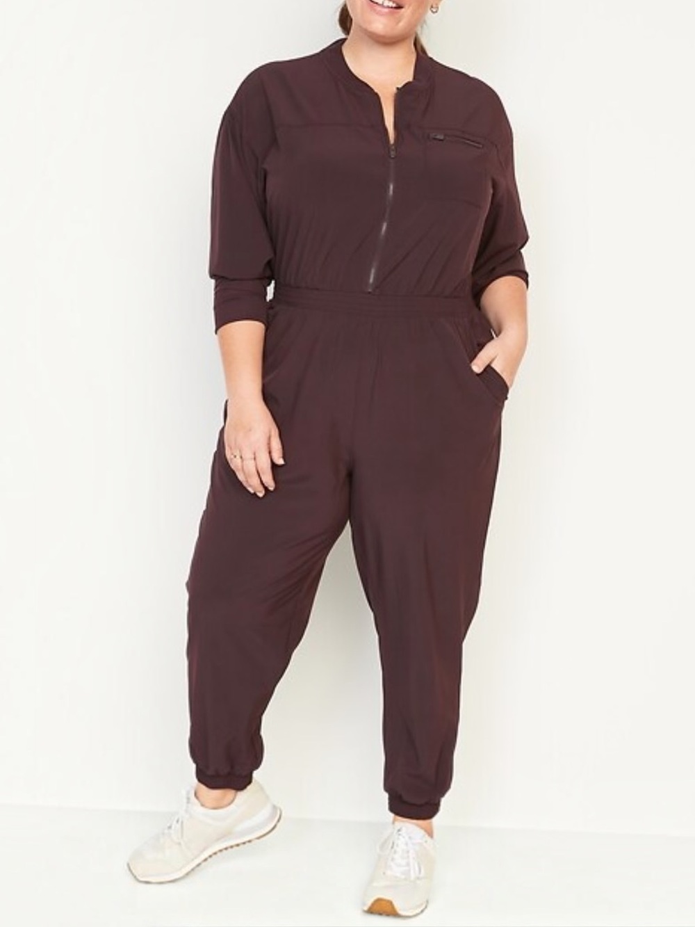 Old Navy Active StretchTech Jumpsuit 2X Plum Wine Long Sleeve Jogger Plus Size